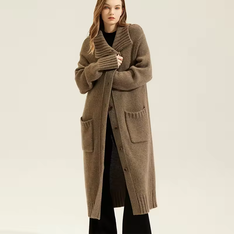 Warm Thick Turn Down Collar Woolen Coat Custom Long Double Faced — detail 6
